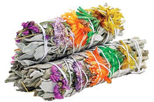 Load image into Gallery viewer, 4 inch SUMMER SOLSTICE WHITE SAGE BUNDLE with chakra chart
